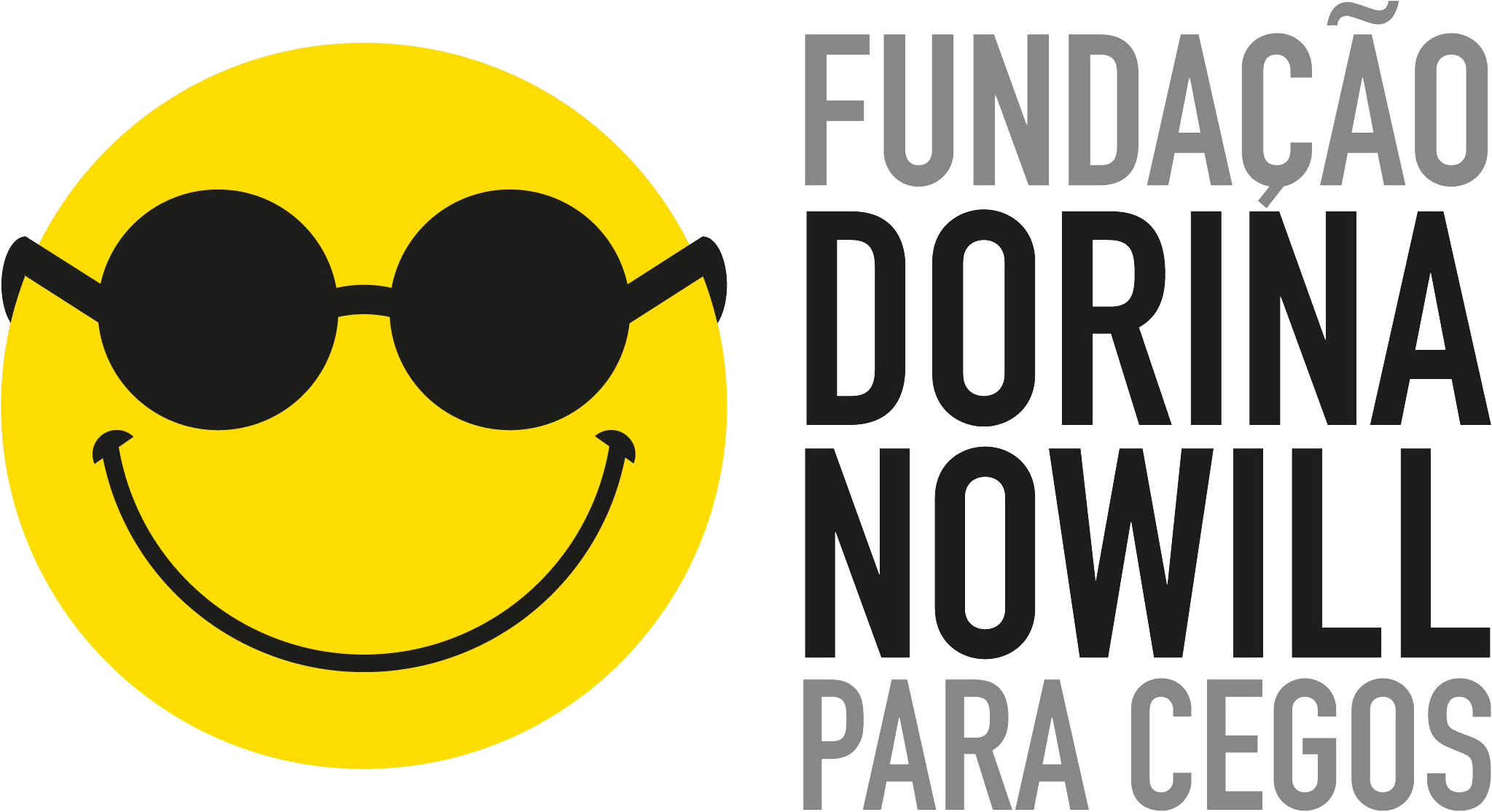 Logo da Fundação Dorina: Smile sorrindo, com óculos de sol e o texto: Fundação Dorina Nowill para Cegos ao lado.